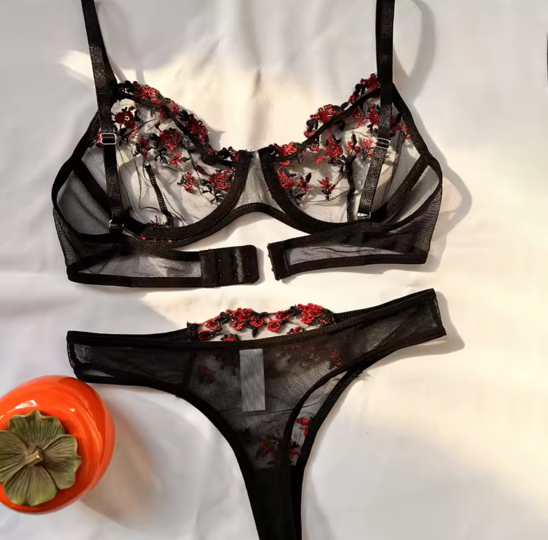 Black Lace Bra & Thong Set