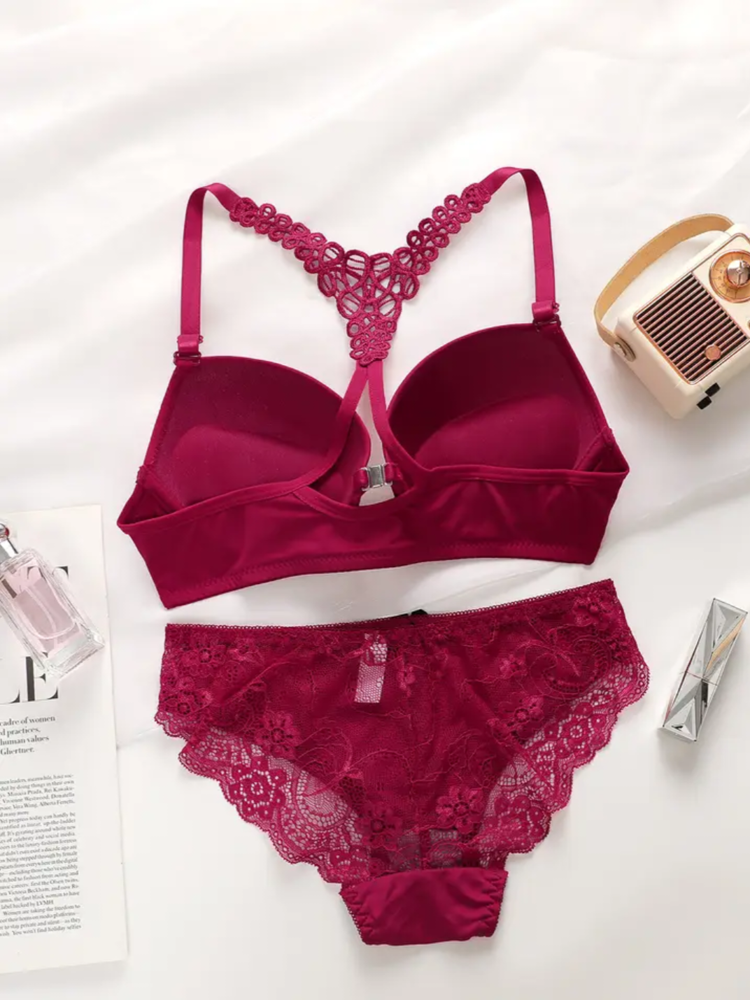 Red Wine Detailed Pull Up Bra & Knicker Set