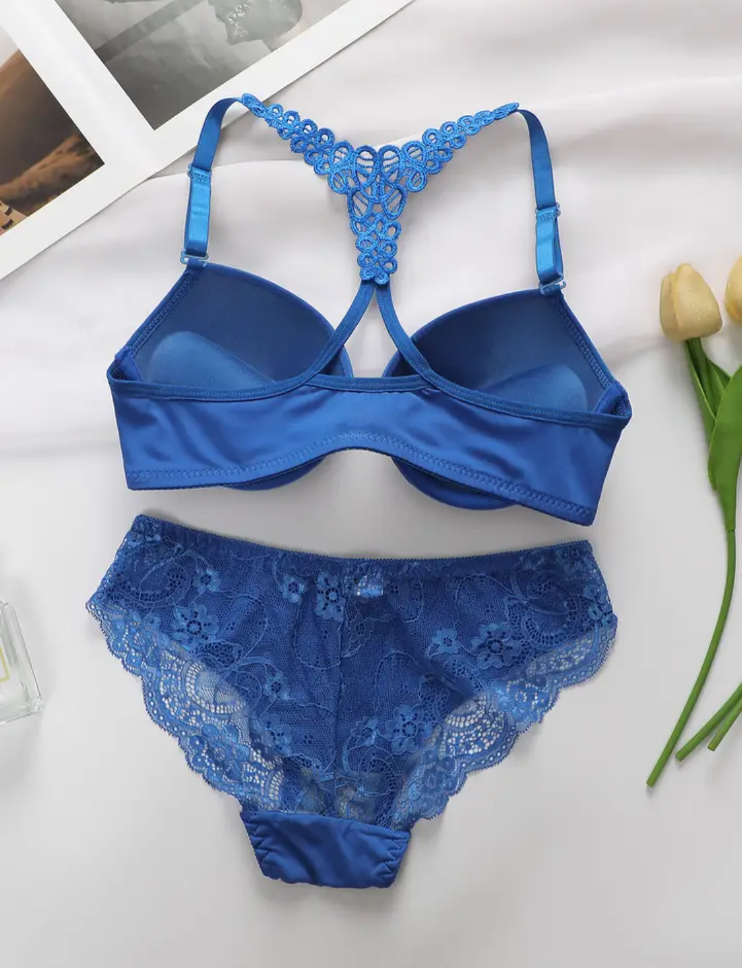 Blue Detailed Pull Up Bra & Knicker Set