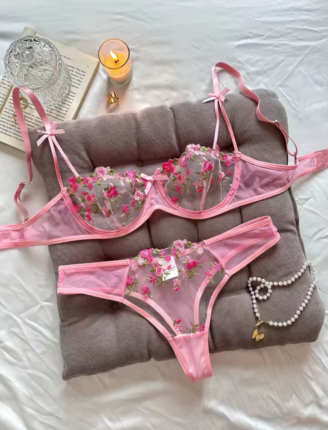 Pink Lace Bra & Thong Set