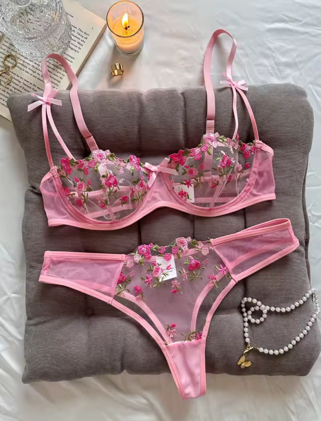 Pink Lace Bra & Thong Set