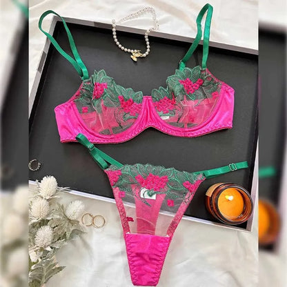 Pink & Green Lace Bra & Thong Set