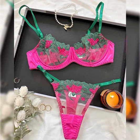 Pink & Green Lace Bra & Thong Set