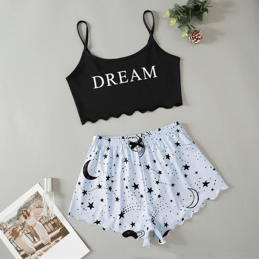 Star And Moon Pyjama Set - Black & Light Blue