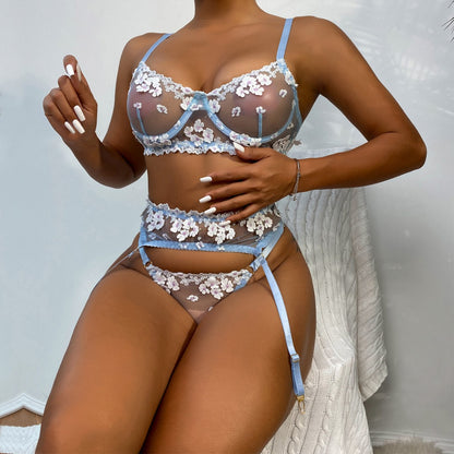 Baby Blue Sexy Lace Flower Lingerie Set