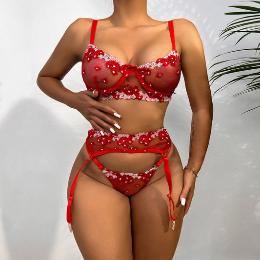 Red Lace Sexy Flower Lingerie Set
