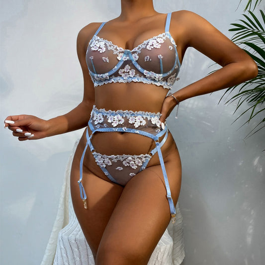 Baby Blue Sexy Lace Flower Lingerie Set