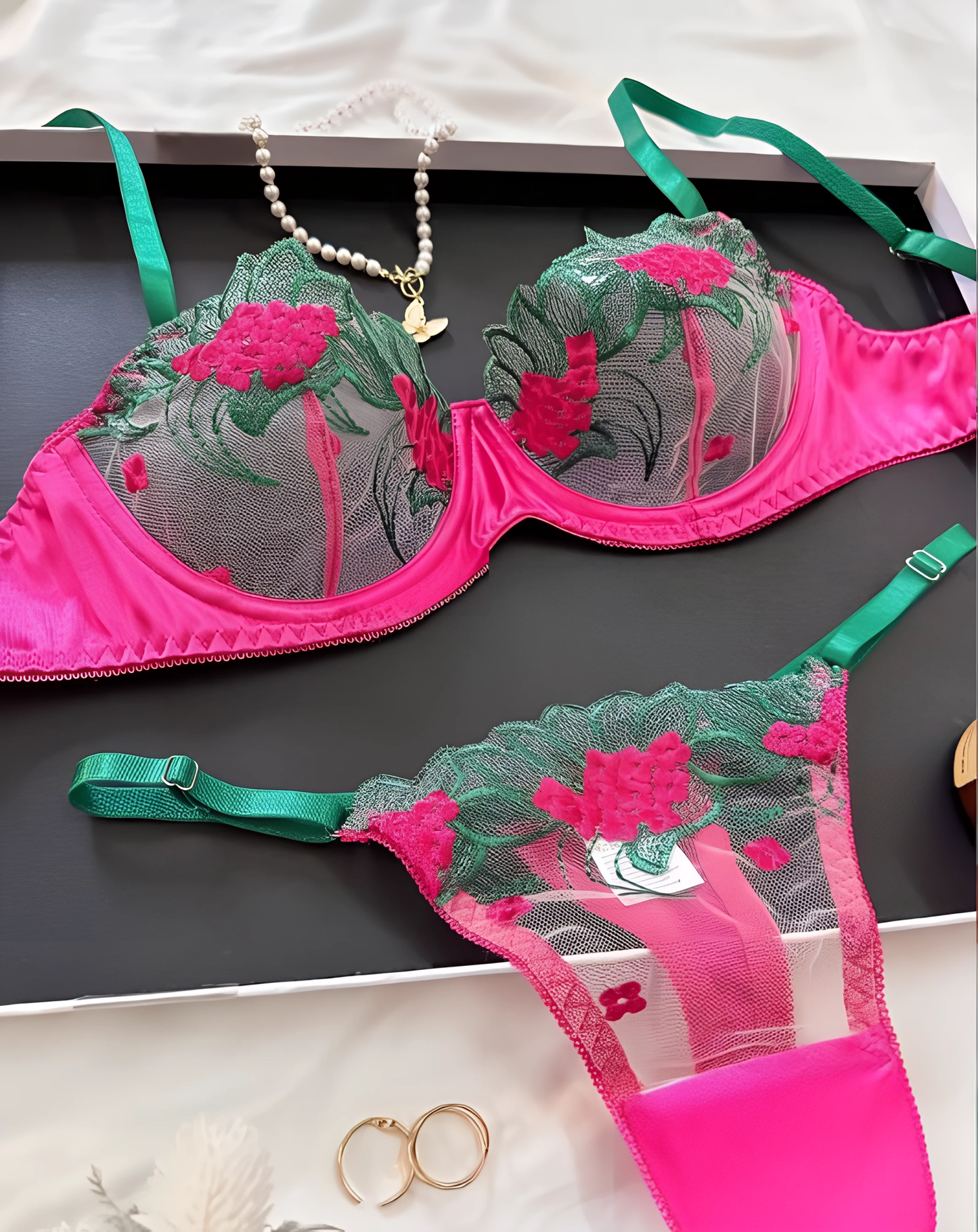 Pink & Green Lace Bra & Thong Set