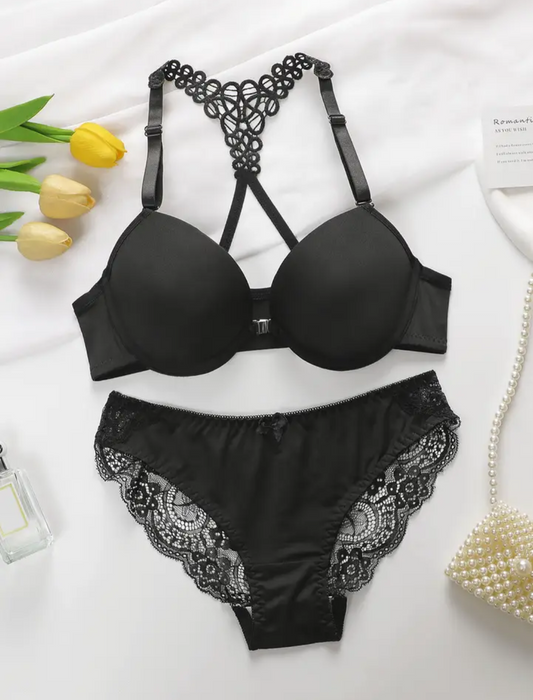 Black Detailed Pull Up Bra & Knicker Set