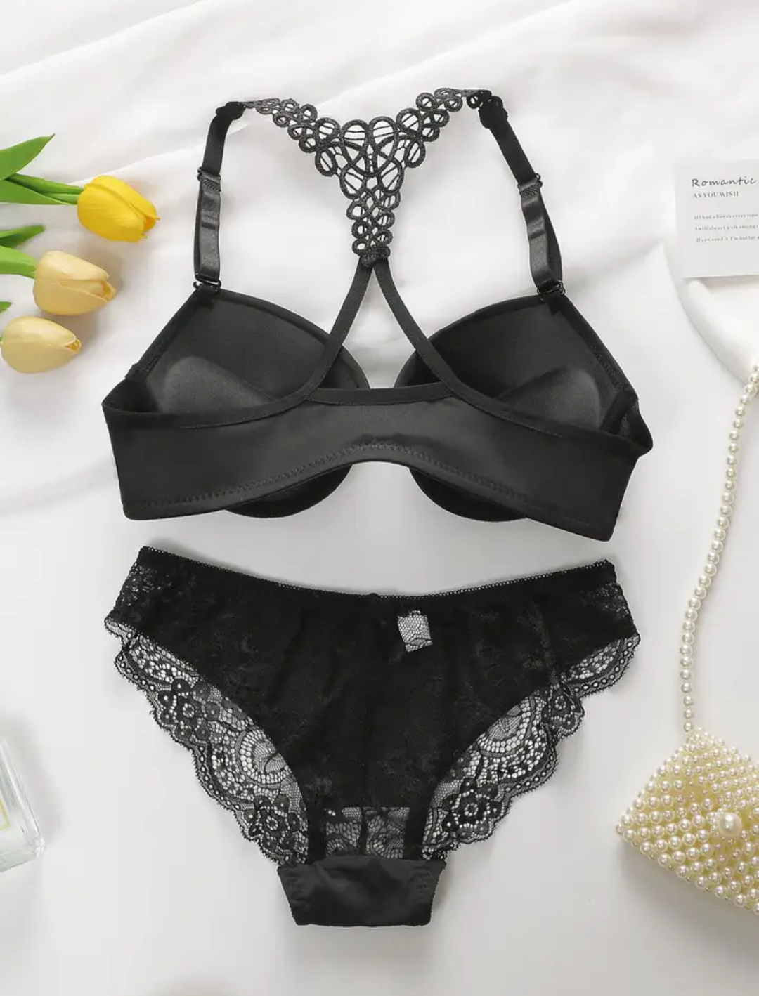 Black Detailed Pull Up Bra & Knicker Set