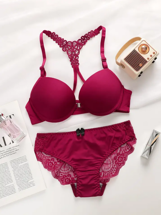 Red Wine Detailed Pull Up Bra & Knicker Set