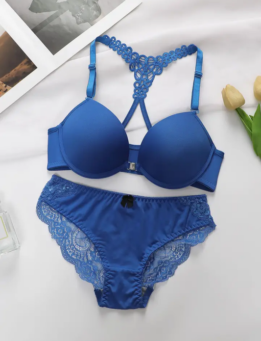 Blue Detailed Pull Up Bra & Knicker Set