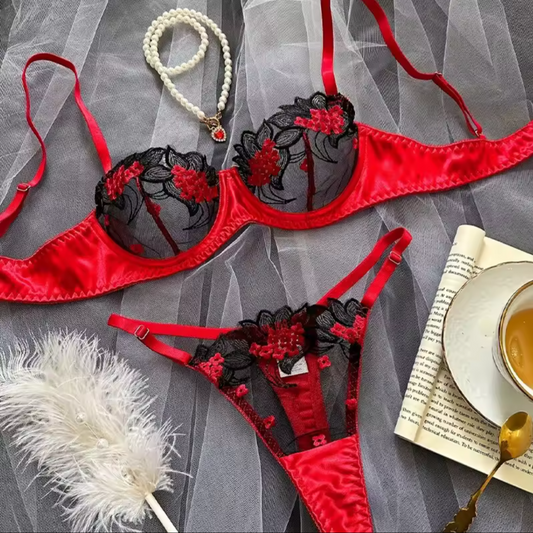 Red & Black Lace Bra & Thong Set