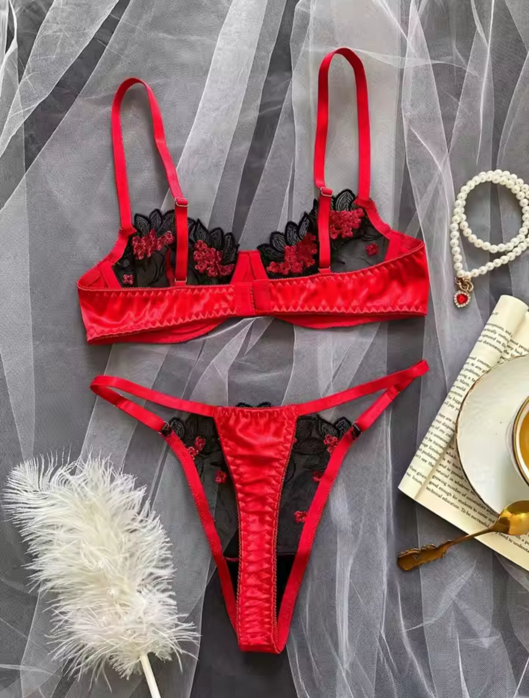 Red & Black Lace Bra & Thong Set