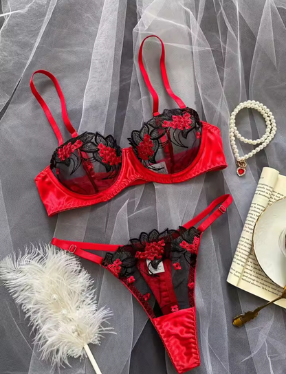 Red & Black Lace Bra & Thong Set