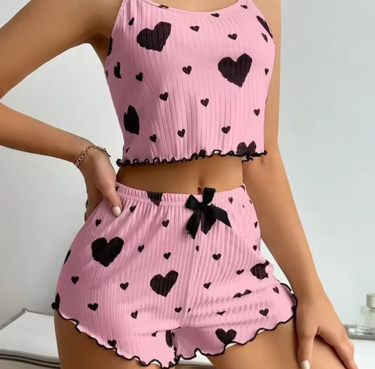 Heart Pyjama Set - Pink & Black