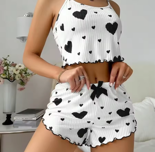 Heart Pyjama Set - White & Black