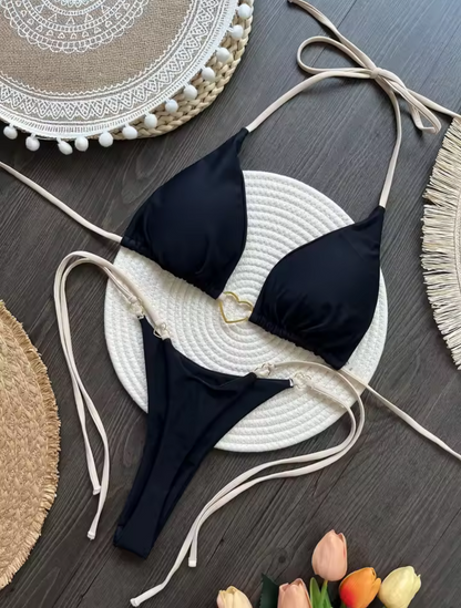 Black Heart Accent Thong Bikini