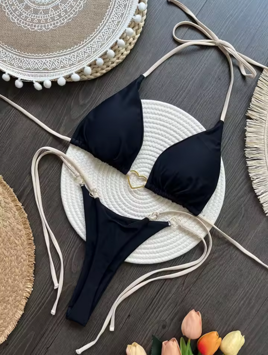 Black Heart Accent Thong Bikini