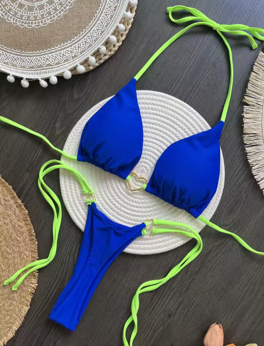 Blue Heart Accent Thong Bikini